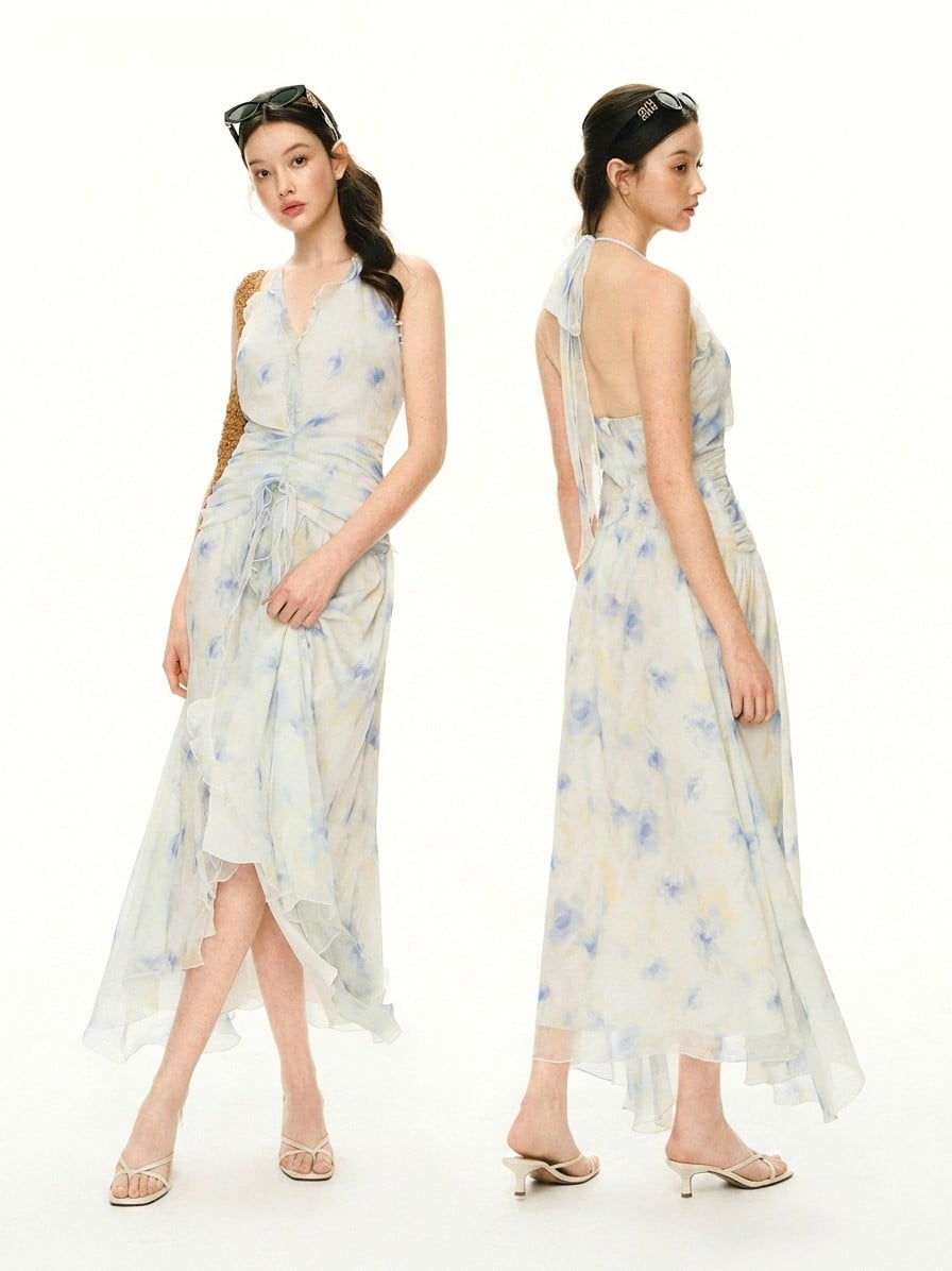 asymmetric floral halter midi dress Ruffled Neck Vivienne Westwood gold label