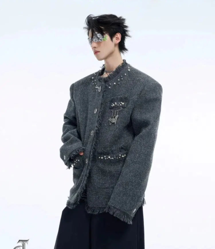ジャケット・アウター JUHA FANCY TWEED NO-COLLAR JACKET 25AW Sequined Tweed Jacket with Faux Pearl and Brooch Detail