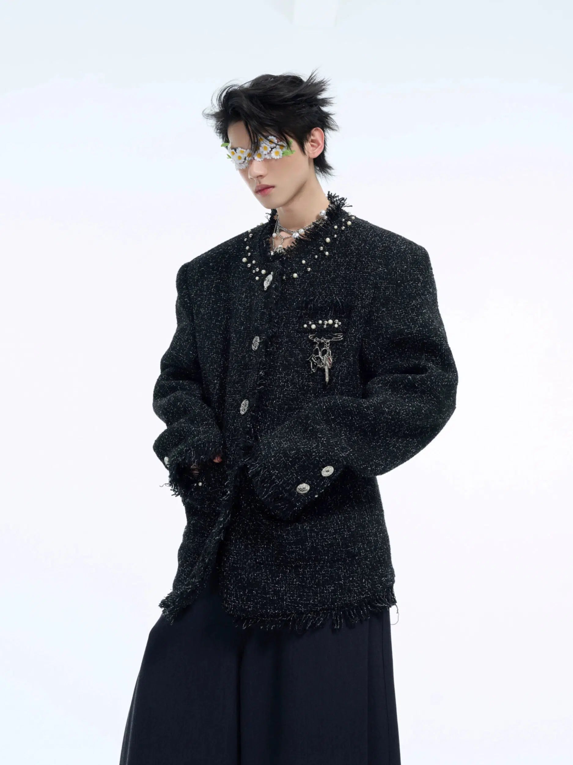 Sequined Tweed Jacket with Faux Pearl and Brooch Detail