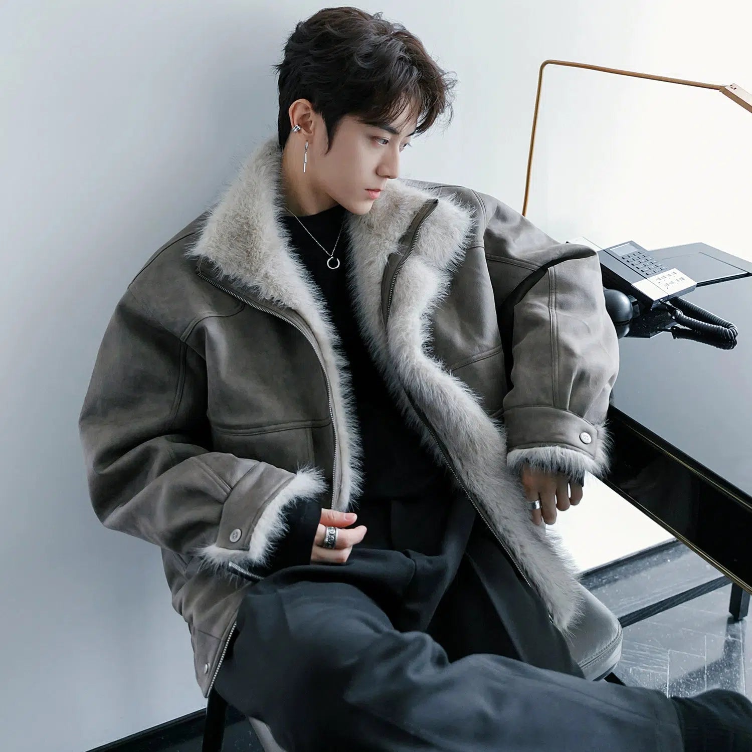 Shearling Trim Leather Jacket | Oversized Korean Style