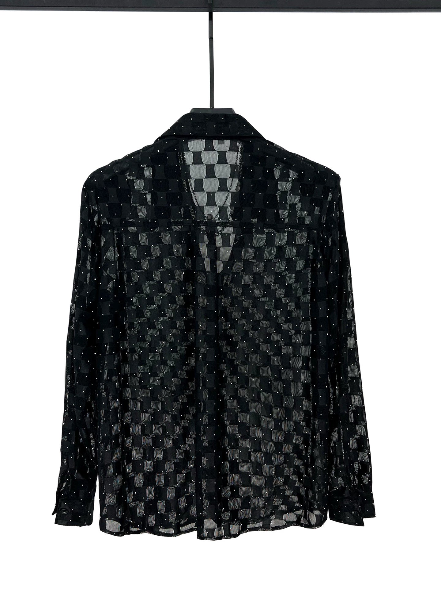 Sheer Black Checkered Long Sleeve Shirt with Studs