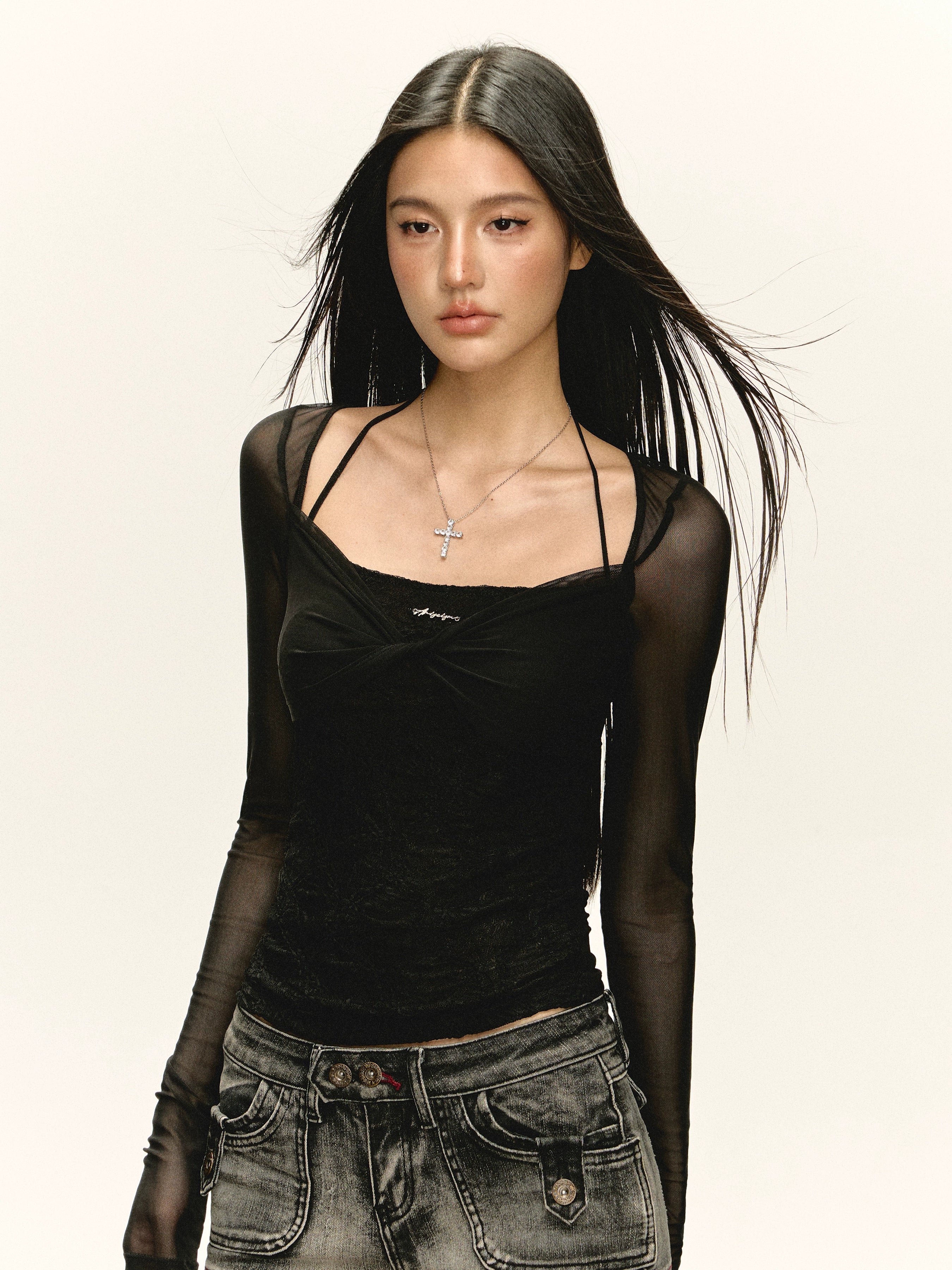 MARNO 丸林広奈　Claire sheer tops black Sheer Mesh Long Sleeve Turtleneck Top | The Korean Fashion