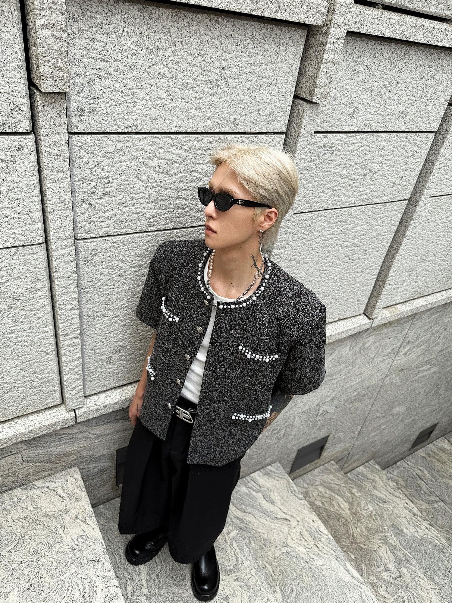 ジャケット・アウター Tweed Dot Button Collarless Jacket Short Sleeve Collarless Pearl Button Tweed Jacket