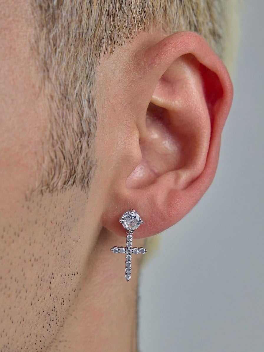Silver Cross Stud Earrings with Sparkling Stones