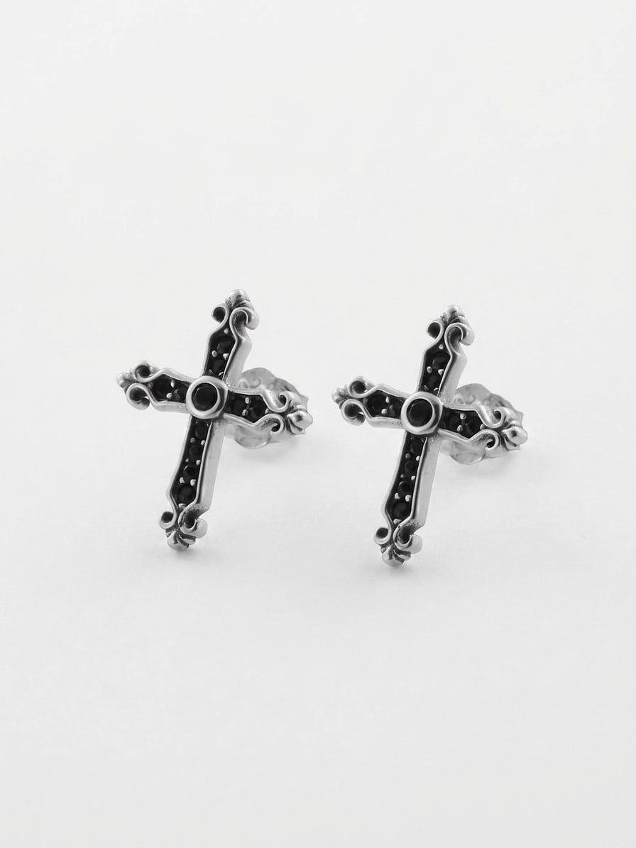 Silver Cross Stud Earrings with Black Stone | The Korean Fashion