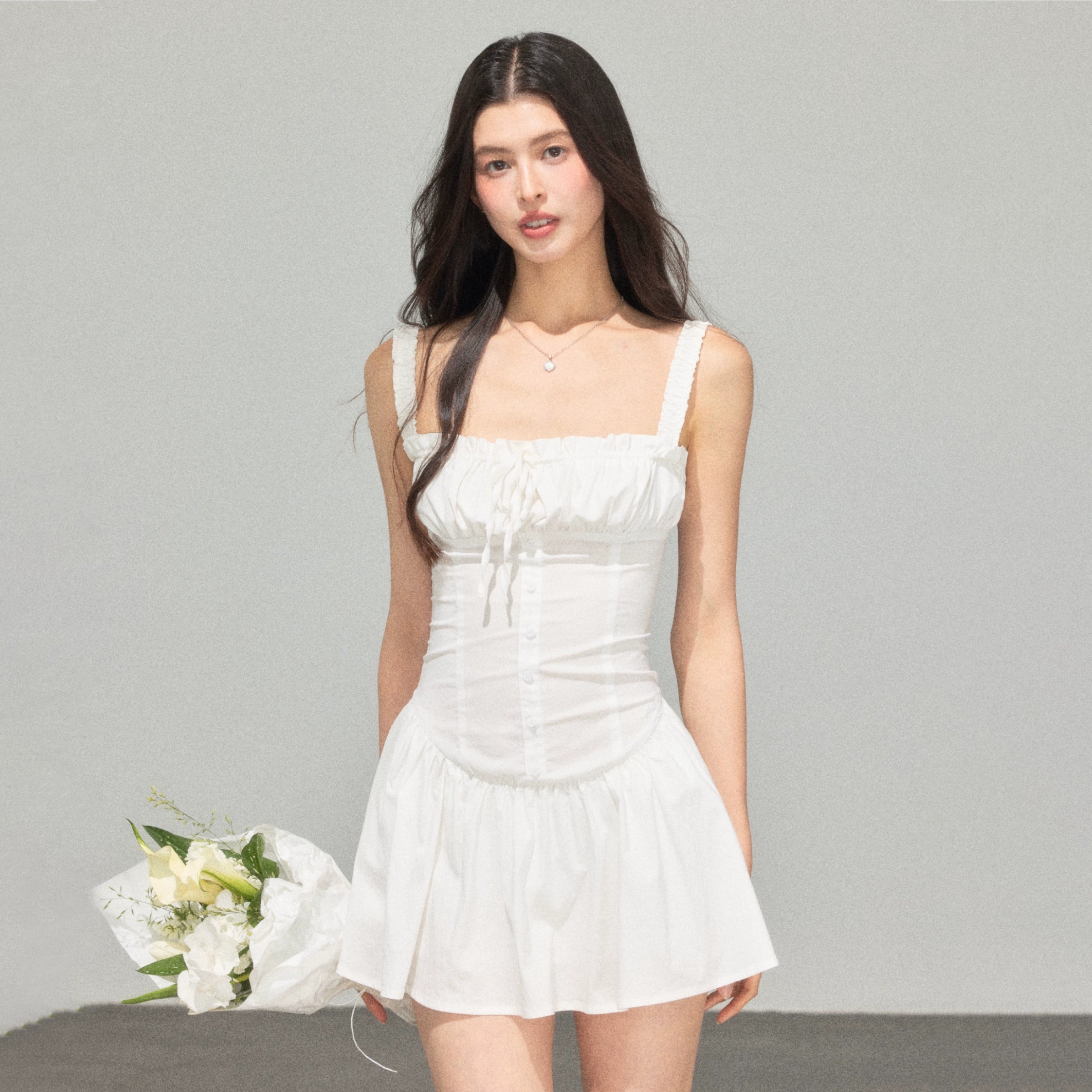 Sleeveless Button-Front White Sundress | The Korean Fashion