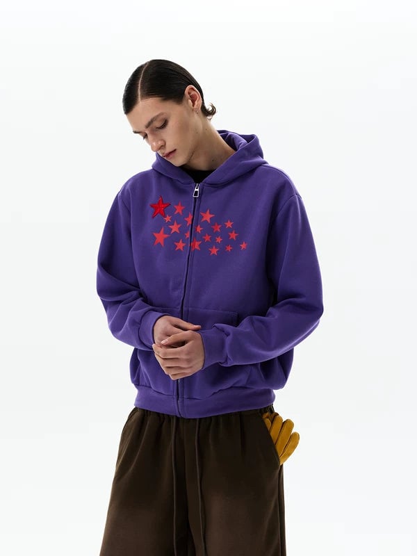 Star Print Zip Up Hooded Sweatshirt | The Korean Fashion