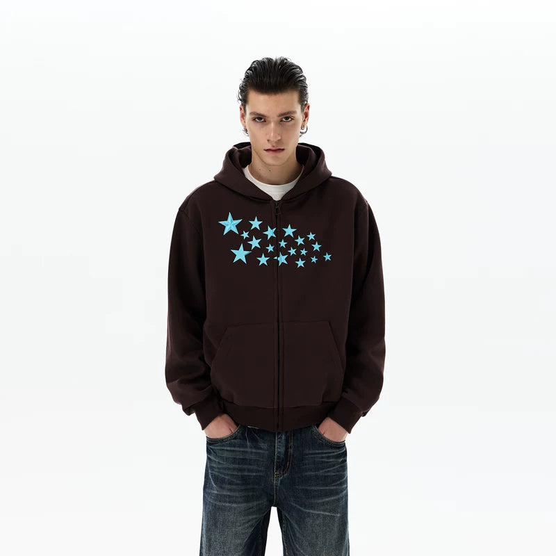 Star Print Zip Up Hooded Sweatshirt | The Korean Fashion