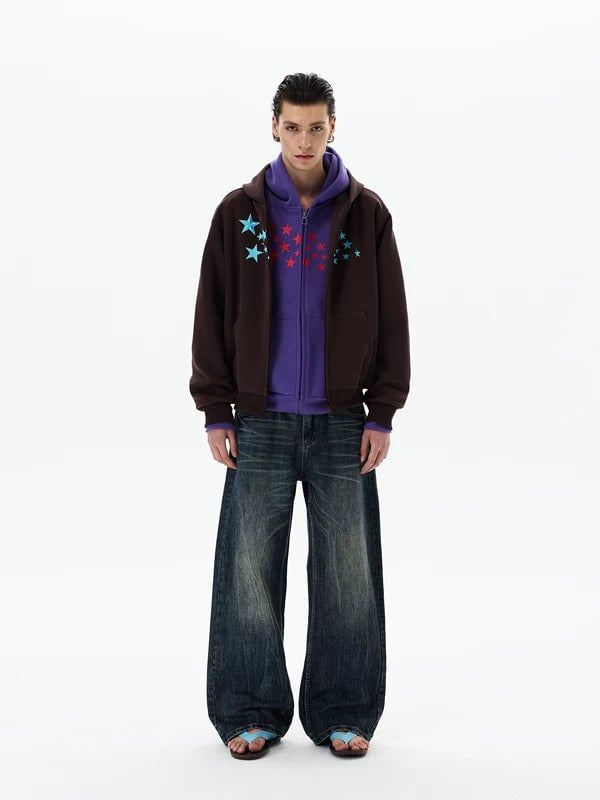 Star Print Zip Up Hooded Sweatshirt | The Korean Fashion