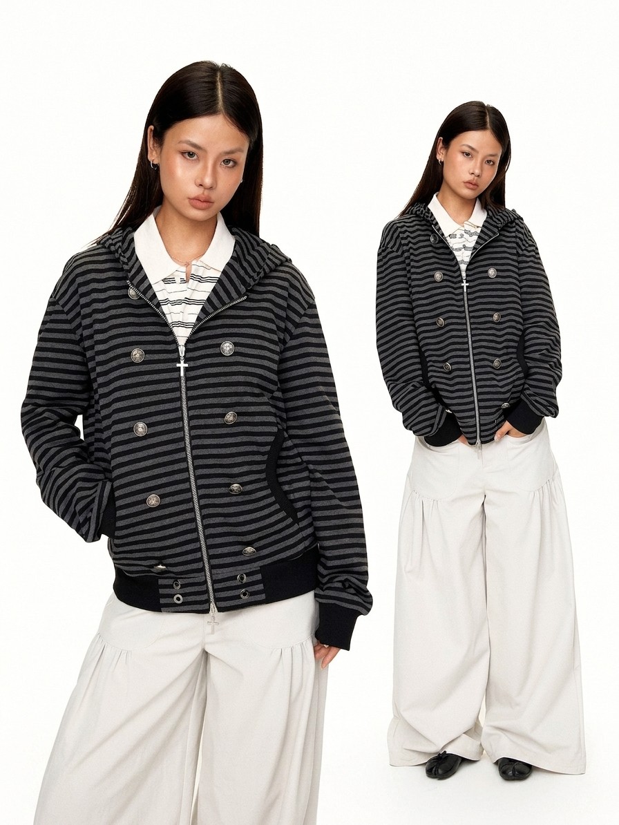 Striped Double-Zip Hooded Cardigan Jacket