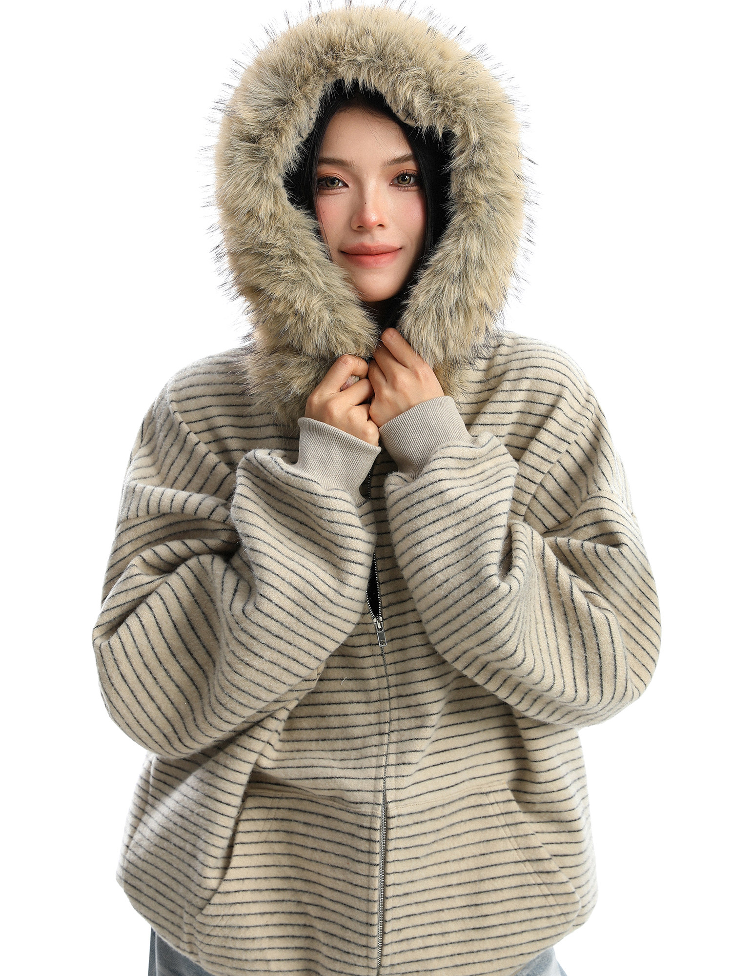 Striped Faux Fur Hooded Zip Hoodie | The Korean Fashion