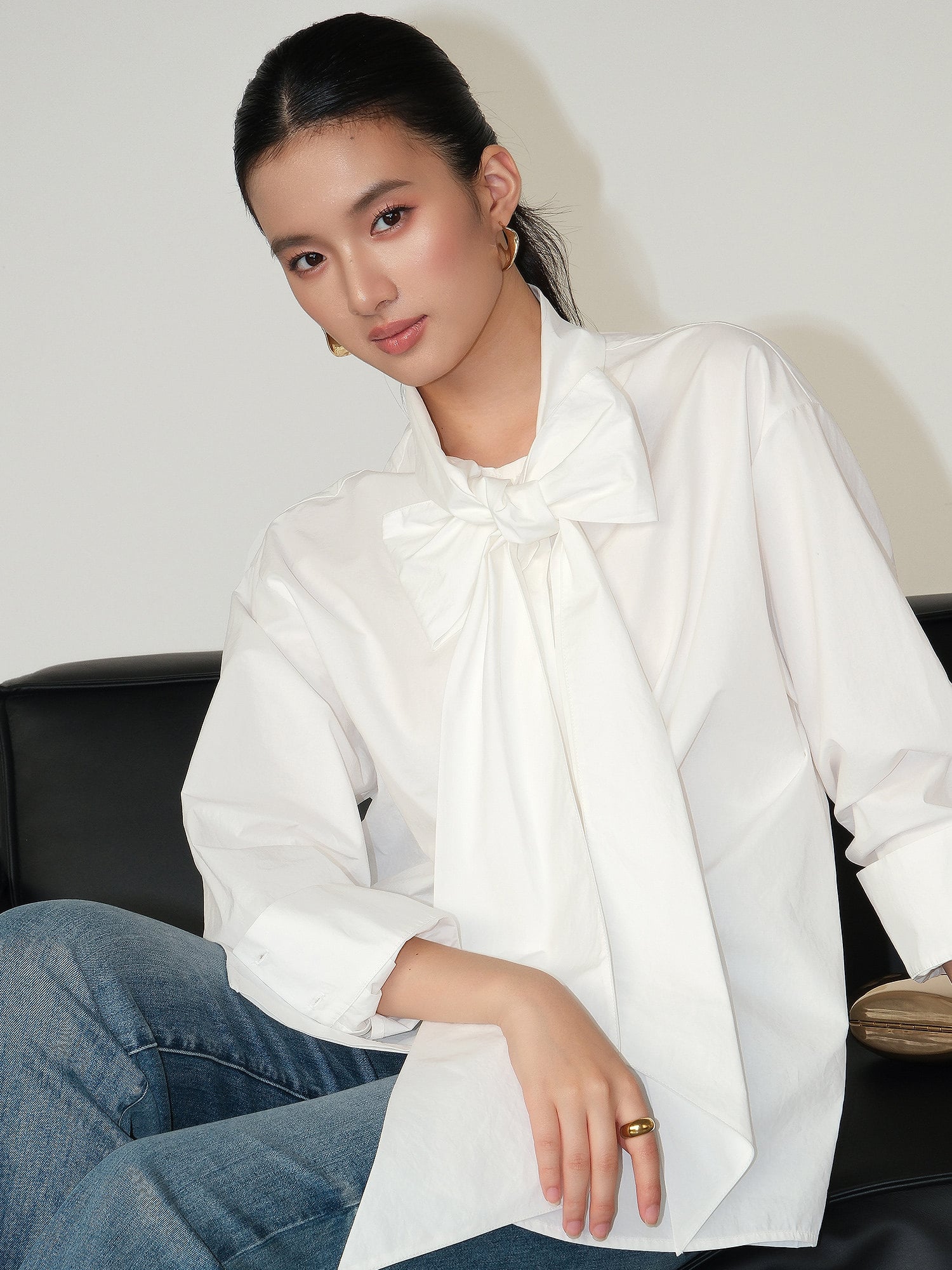 Striped Long-Sleeve Bow Tie Shirt | The Korean Fashion