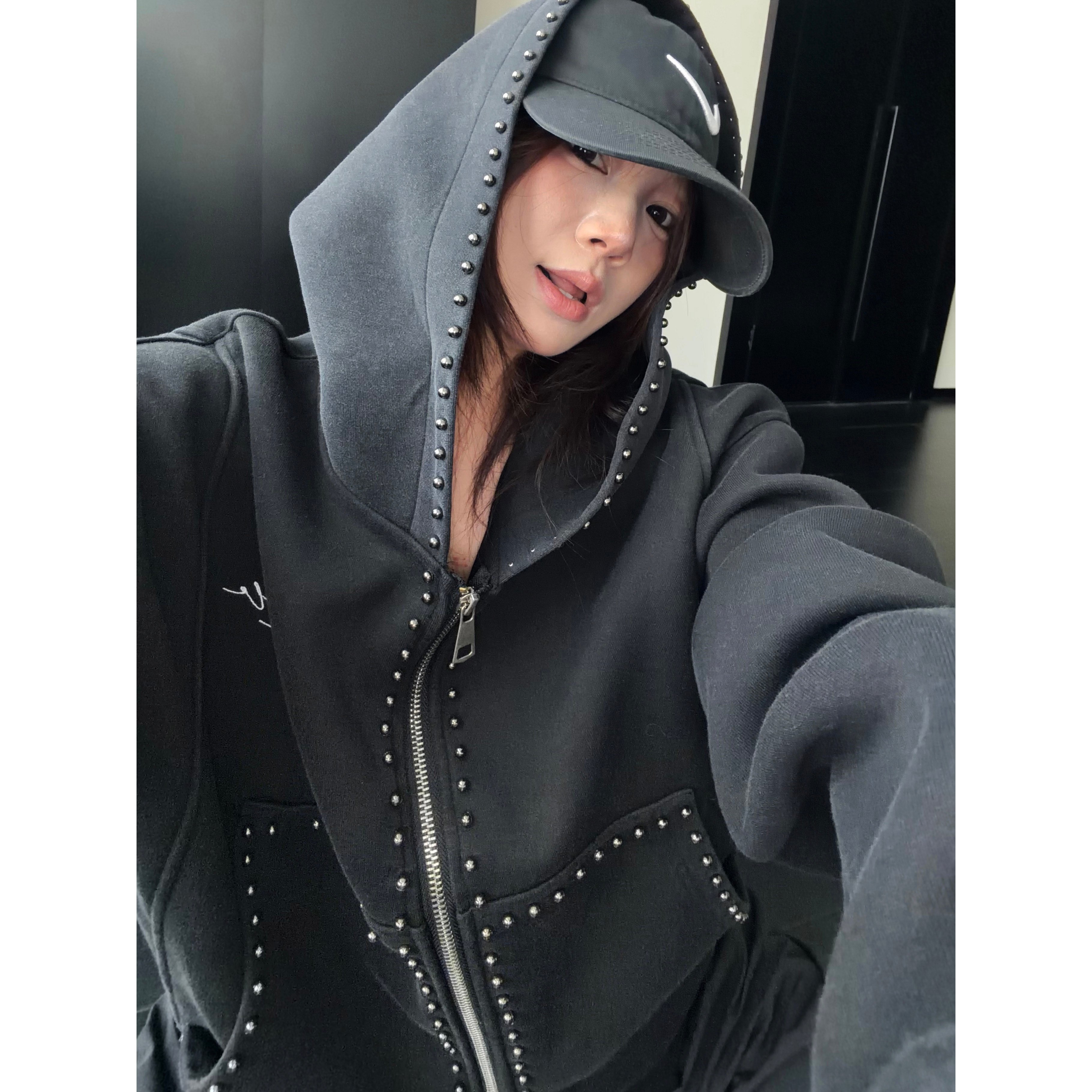 Studded Zip Up Hooded Jacket | The Korean Fashion