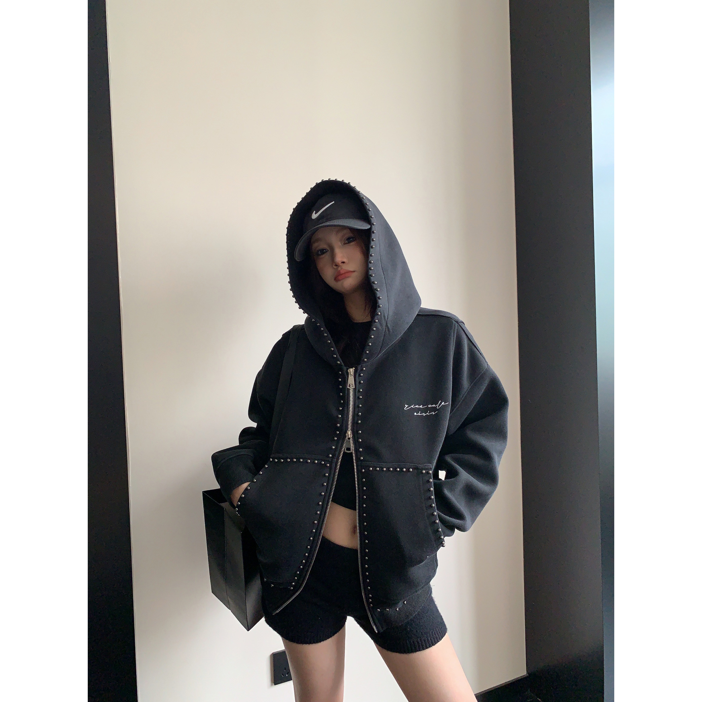 Studded Zip Up Hooded Jacket | The Korean Fashion