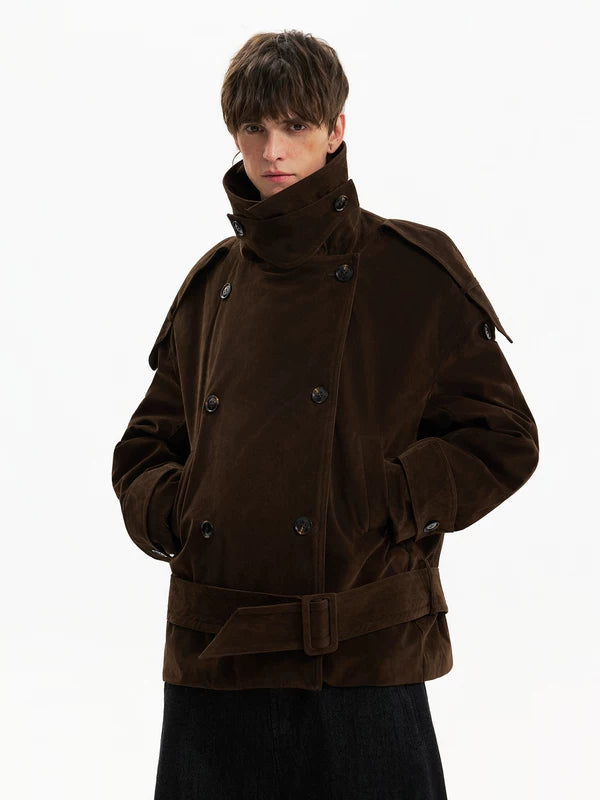 Suede Double-Breasted Short Trench Coat | The Korean Fashion