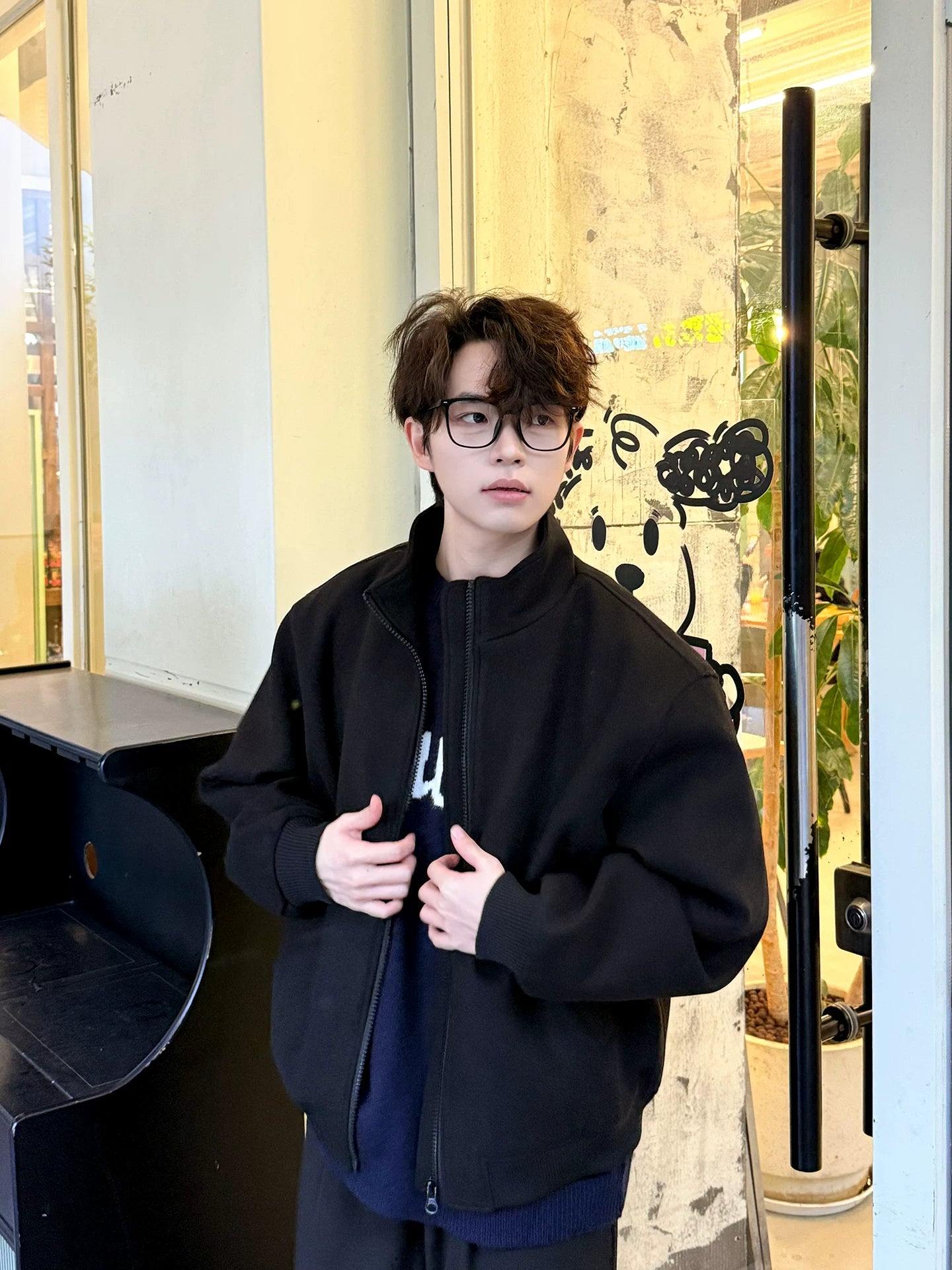 Thick Stand-Collar Wool Zip Jacket | The Korean Fashion