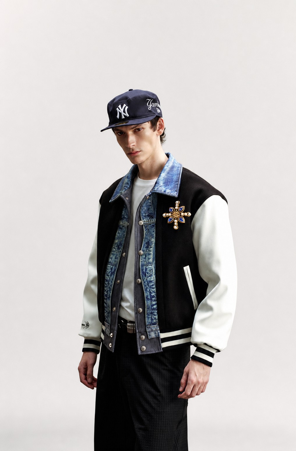 Unisex Denim Varsity Jacket with Embroidered Clover Details