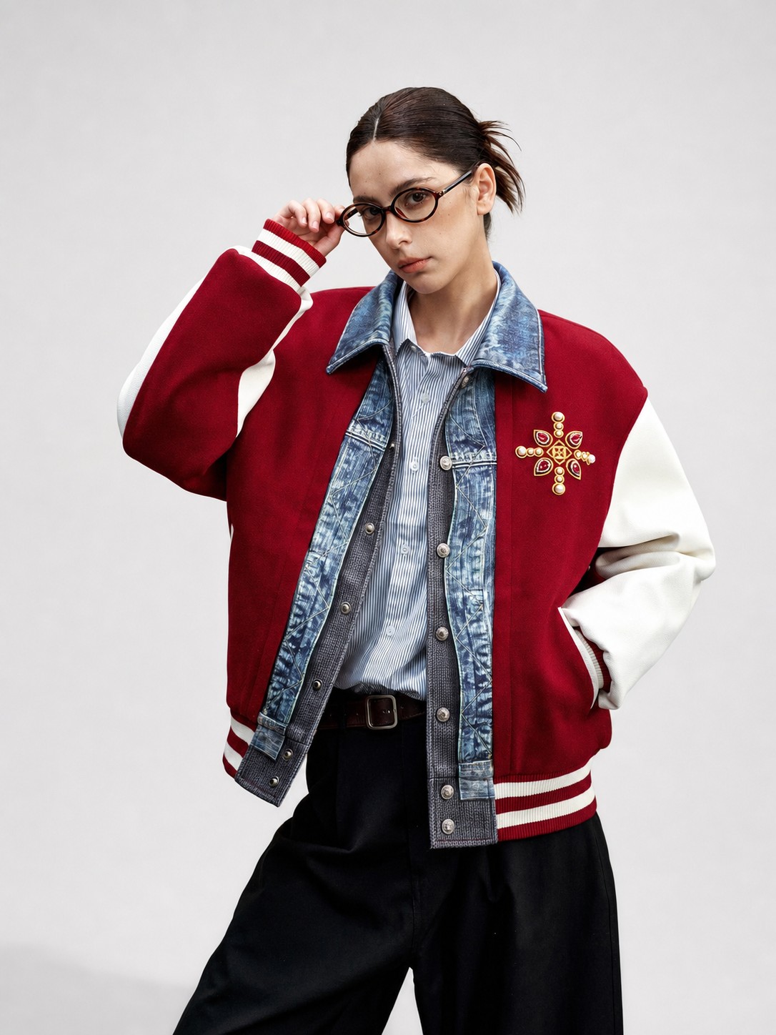 Unisex Denim Varsity Jacket with Embroidered Clover Details