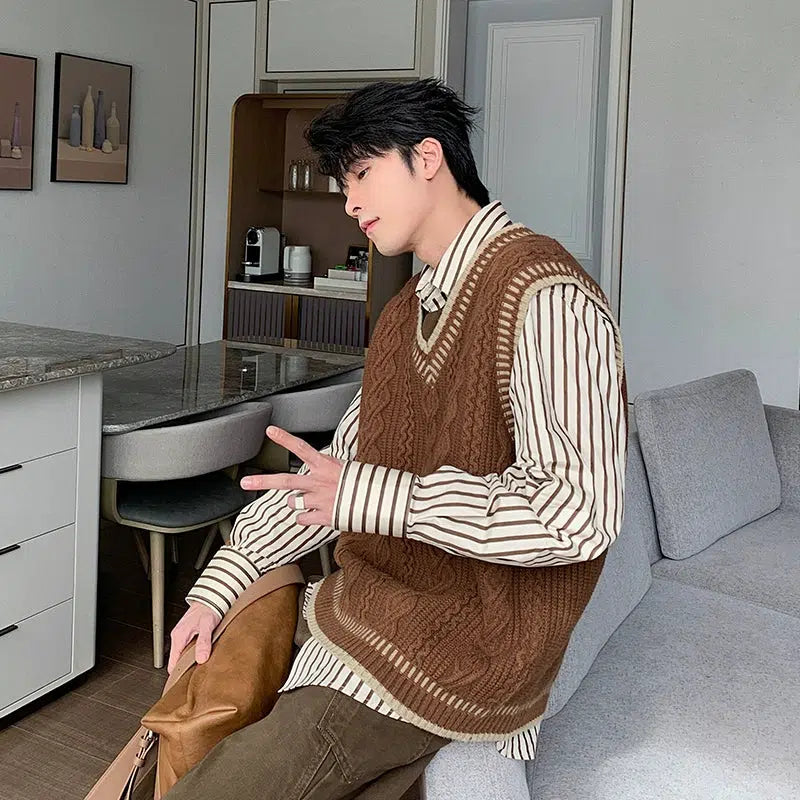 V-Neck Cable Knit Vest | Korean Style Layering