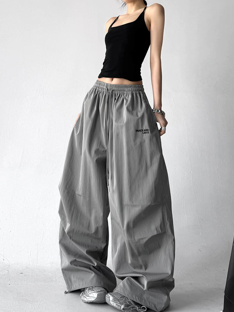 Wide Leg Drawstring Pants in Grey | The Korean Fashion