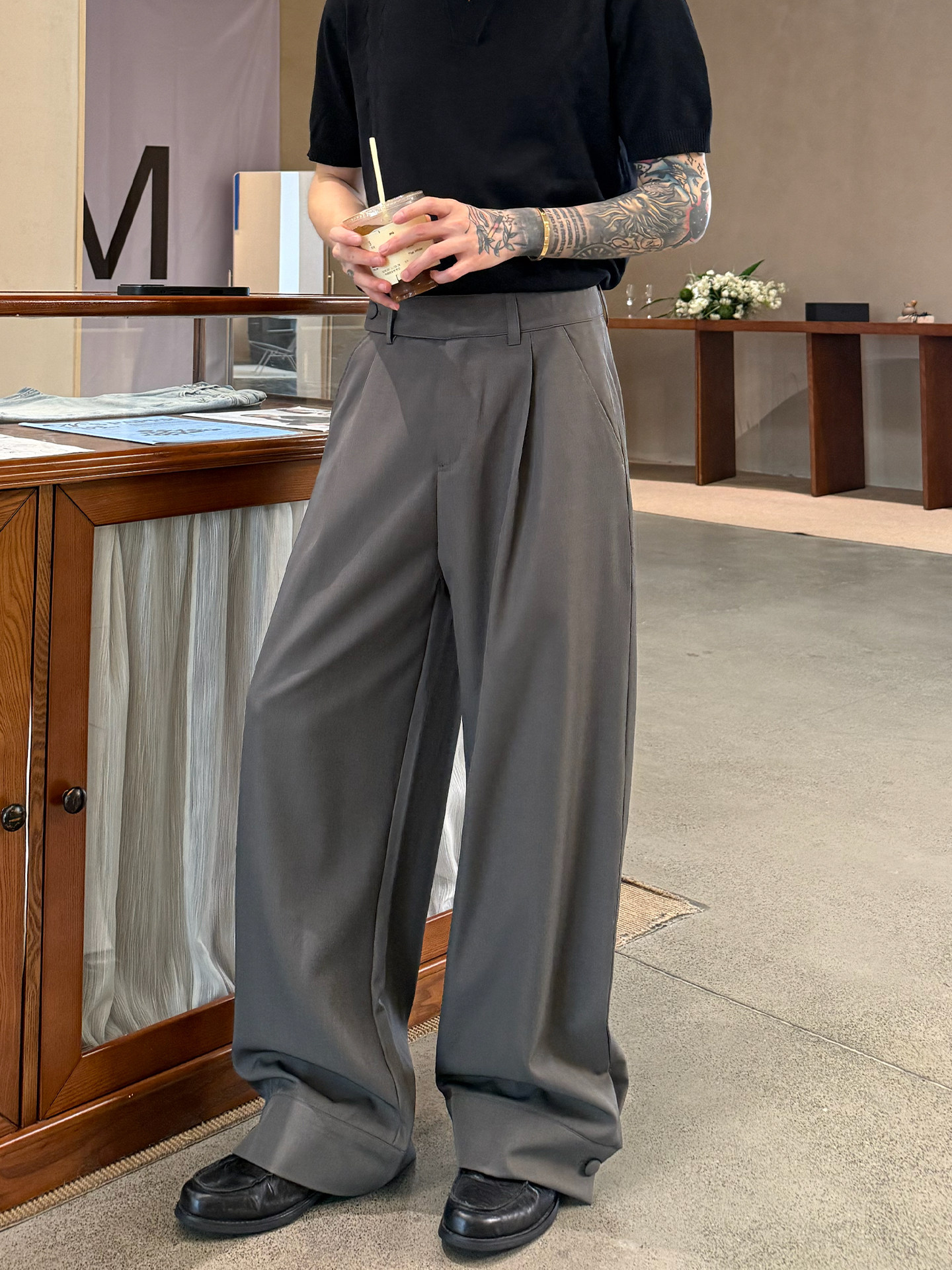 wide leg grey dress pants Wide-Leg — Khaki / S babydolls
