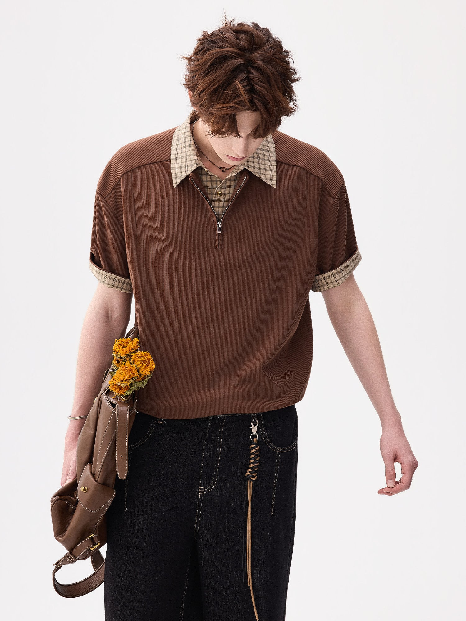Zip Collar Polo Shirt with Plaid Patchwork | The Korean Fashion